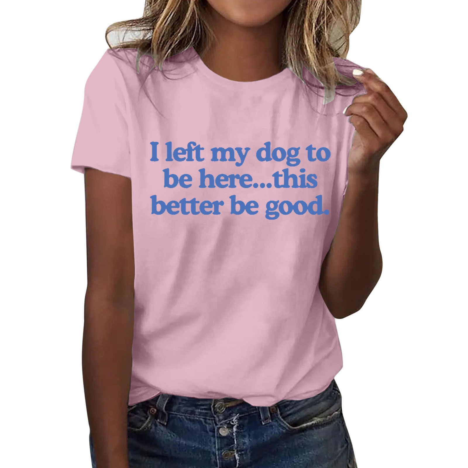 thumbnail image 1 of Camiseta divertida para mujer, estampado «I Left My Dog To Be Here» (Dejé a mi perro para estar aquí), cuello redondo, manga corta, top informal de verano con diseño humorístico., 1 of 2
